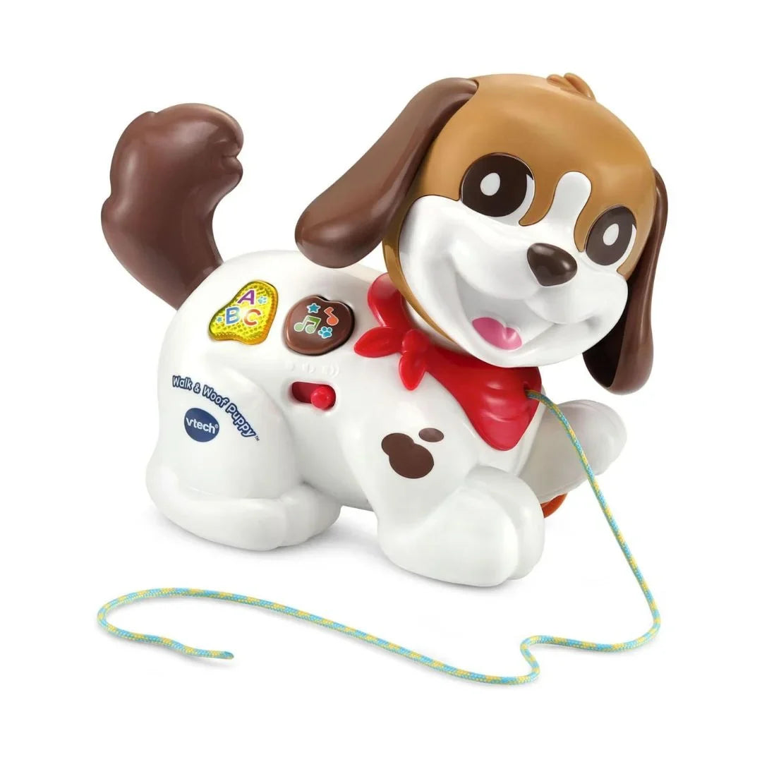 White and brown puppy toy with pull string, colorful buttons, red collar