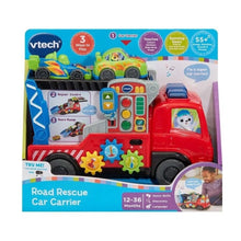 Toy car carrier in Road Rescue packaging, red rescue truck with included green car