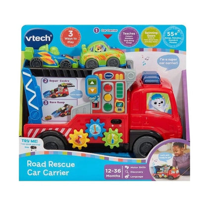 Toy car carrier in Road Rescue packaging, red rescue truck with included green car