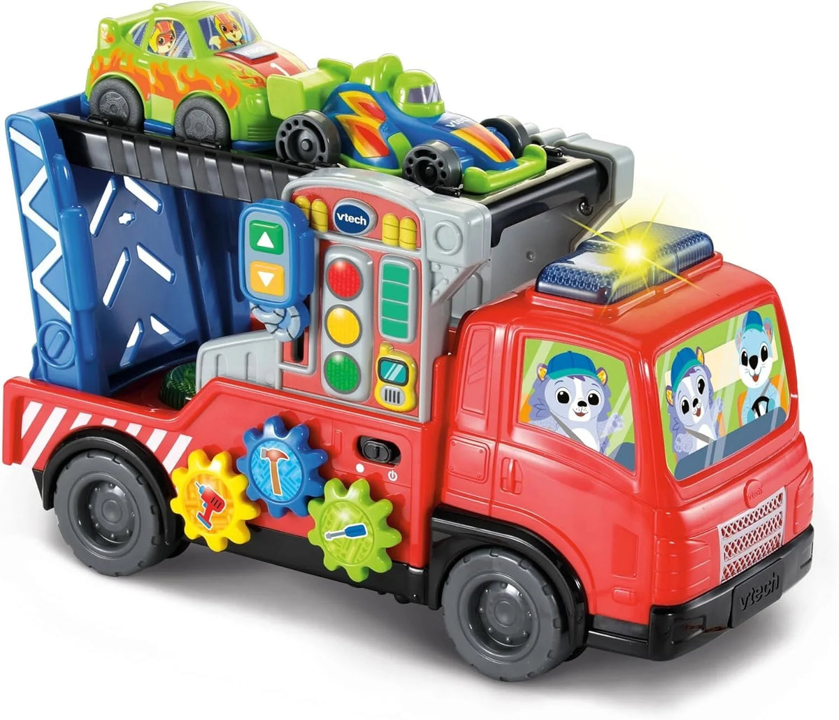 Red and blue toy car carrier truck with flashing panel and colorful gears, holds cars
