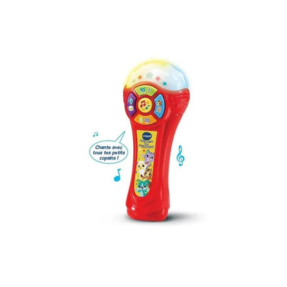 Kids singing toy microphone with red handle, blue top, and colorful buttons
