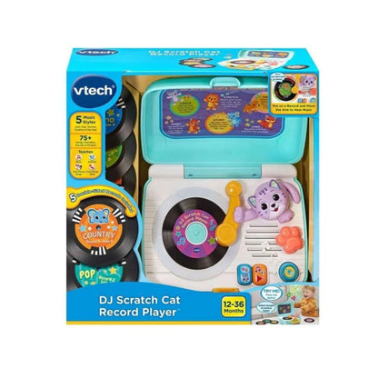 VTech DJ scratch cat record player toy in open box with purple cat figure