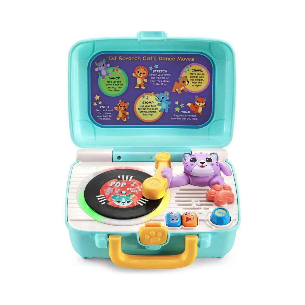Teal DJ scratch cat record player toy with purple cat and black vinyl record