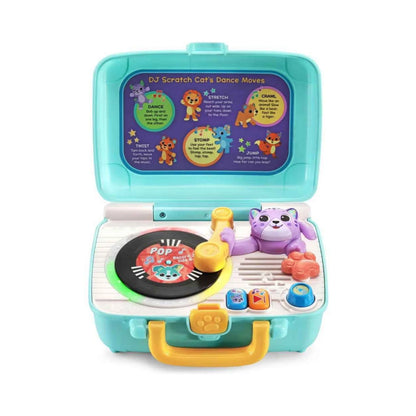 Teal DJ scratch cat record player toy with purple cat and black vinyl record