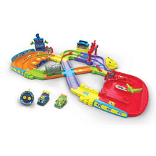 Multicolor toy car track set with red vehicle, small cars, and remote controller
