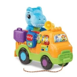 Orange dino rescue truck toy with blue dinosaur head, purple storage case, moving wheels
