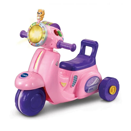 VTech 2-in-1 ride & balance scooter, pink body with purple wheels and molded side details