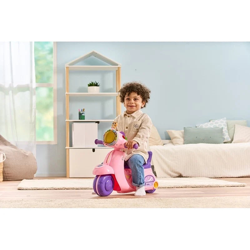 VTech 2-in-1 ride & balance scooter in pink; child seated and holding the handlebars