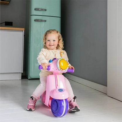 Pink VTech 2-in-1 ride & balance scooter with circular light panel and purple wheels