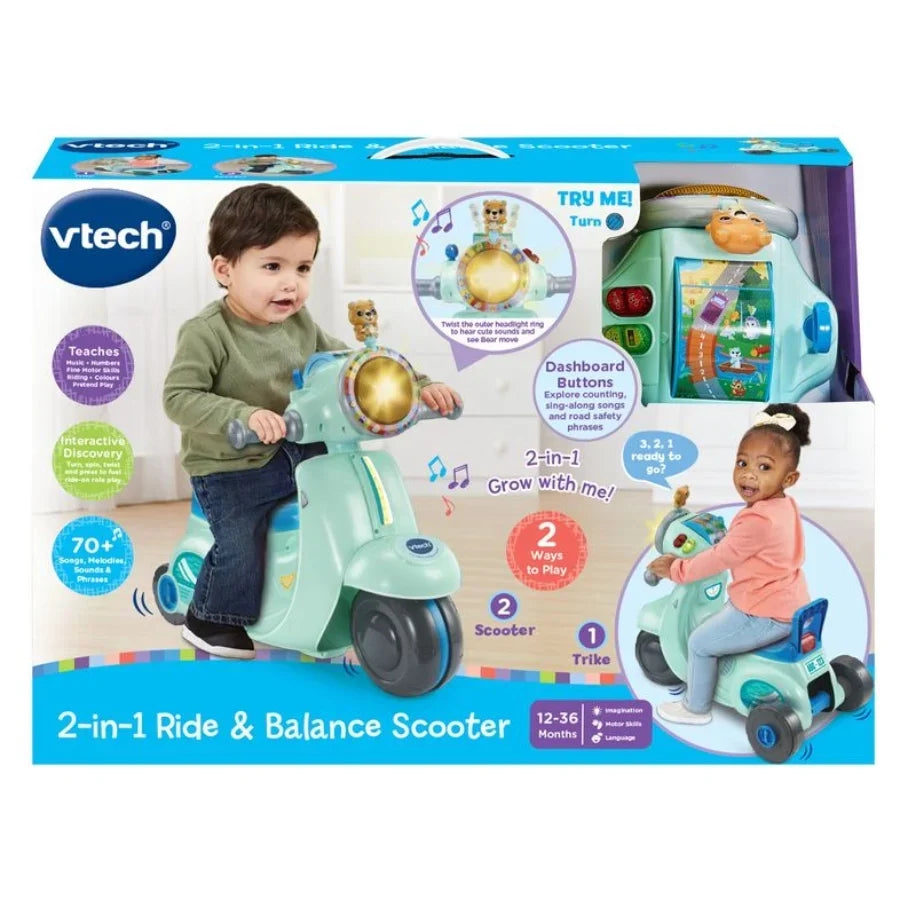 VTech 2-in-1 ride & balance scooter box showing scooter and switchable 2-in-1 modes