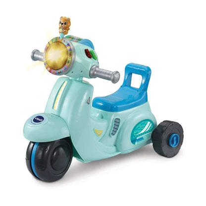VTech 2-in-1 ride & balance scooter, teal body with black wheels and gold front ring