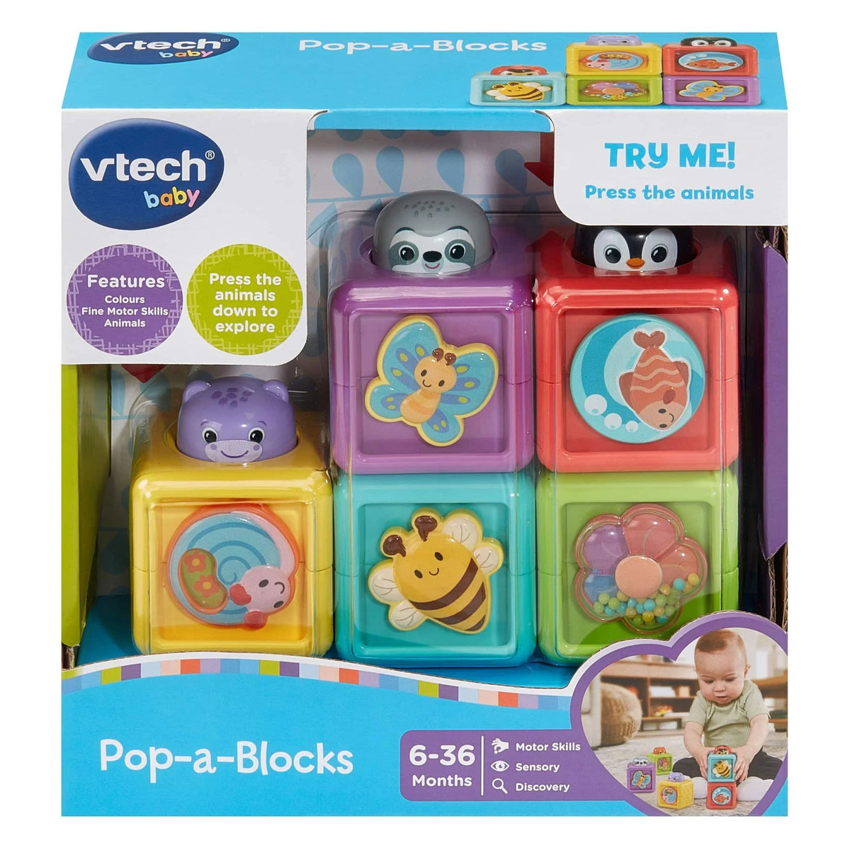VTech Pop-A-Blocks animal pop-up toy block set in retail box
