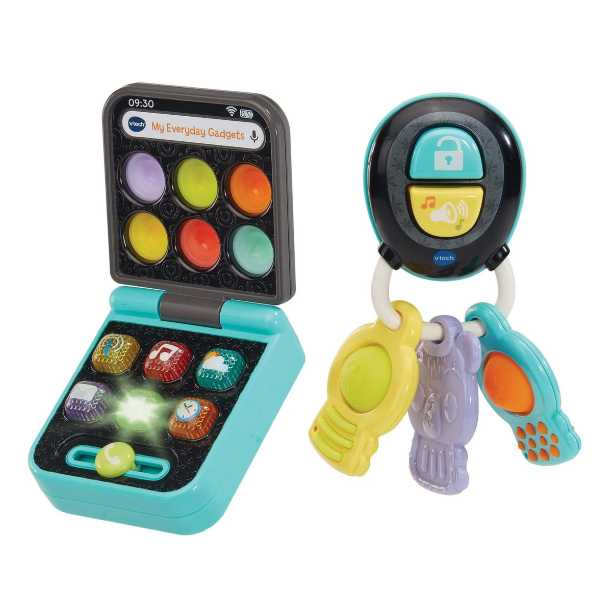 Turquoise learning toy with keyboard buttons and colorful circular keys, handheld tablet.