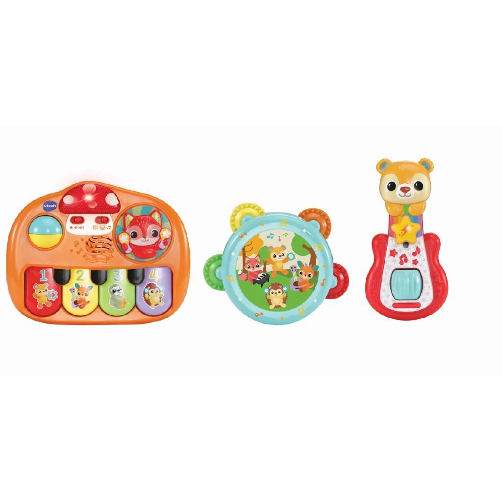 Orange musical band toy with animal buttons and sliding knobs