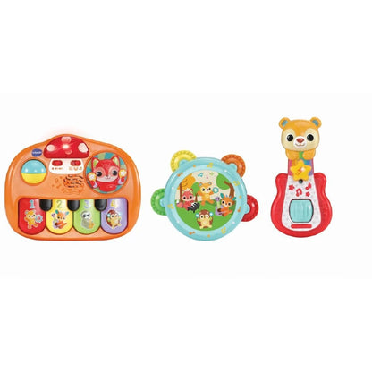 Orange musical band toy with animal buttons and sliding knobs