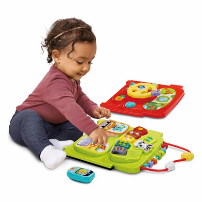 Interactive baby learning play centre with green base and red activity panel