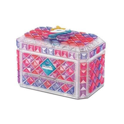 Mosaic tile jewelry box with transparent lid, pink and blue gem pattern, light button