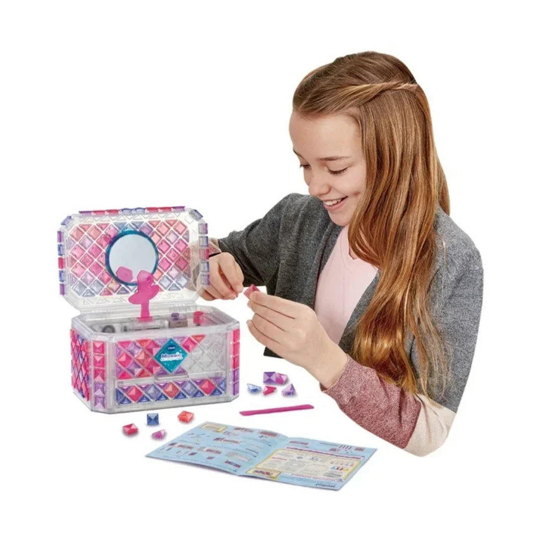 Open mosaic tile jewelry box with pink and blue gem sides, clear base and included pieces