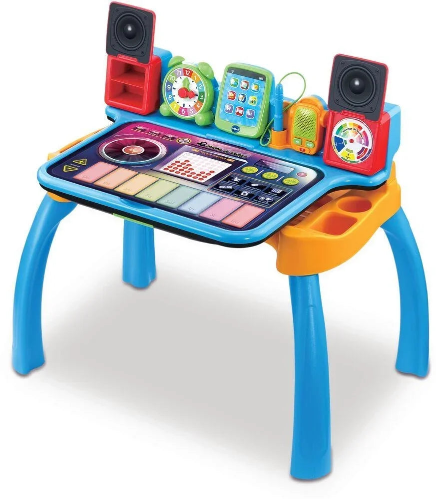 Blue interactive learning table with orange tray and dual speaker modules