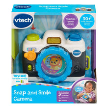 VTech Snap and Smile camera toy box with blue camera and sound buttons