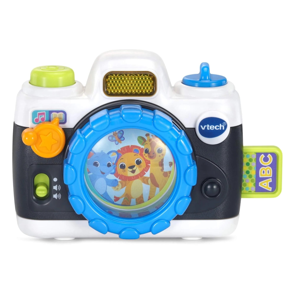VTech snap-and-smile camera toy with blue lens ring and front display