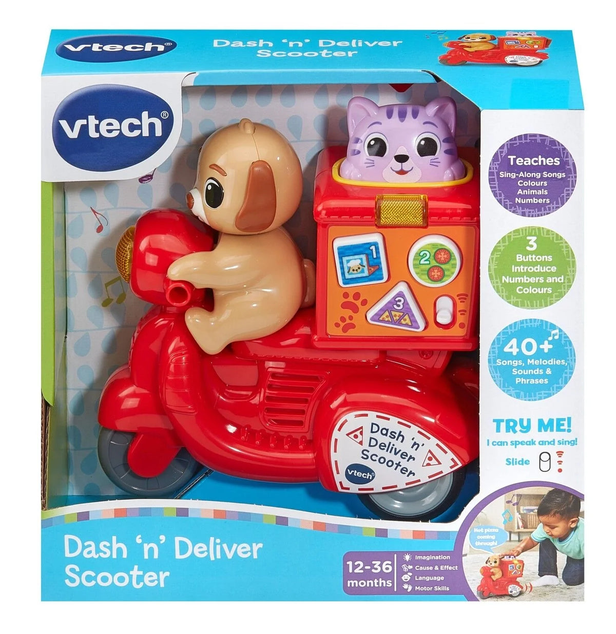 Red VTech Dash 'n' Deliver toy scooter, packaged with sound and learning buttons