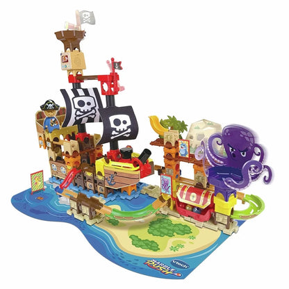 Stackable pirate ship marble run set with pirate flags and octopus launcher