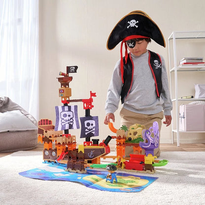 Pirate ship marble run toy with pirate flag mast and purple octopus spinner