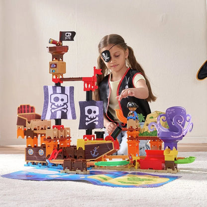 Pirate ship marble run toy with orange tracks and purple octopus spinner