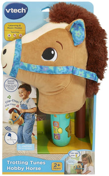 VTech plush hobby horse with brown mane, teal ears, and clip-clop sounds panel