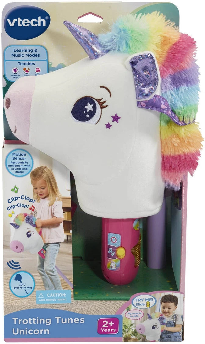 VTech trotting unicorn plush toy with rainbow mane, glitter horn and motion sensor button