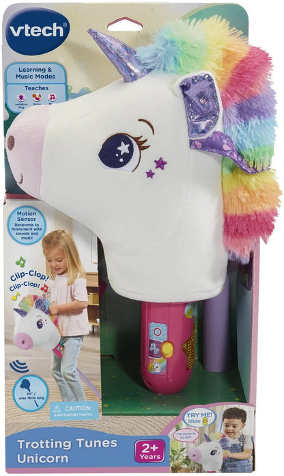 VTech trotting unicorn plush toy with rainbow mane, glitter horn and motion sensor button