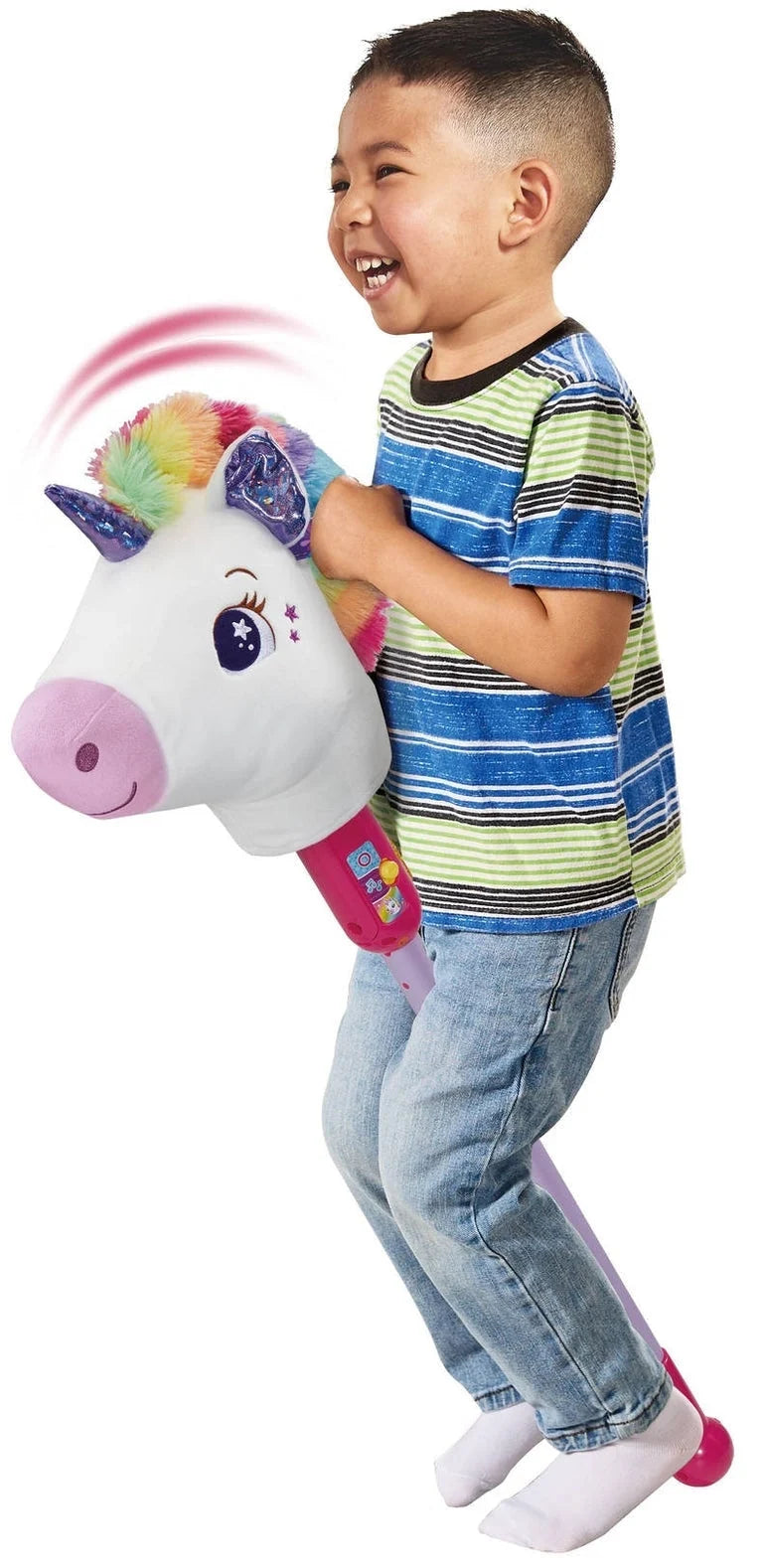 Kids playing with VTech trotting unicorn plush, rainbow mane and sparkling horn