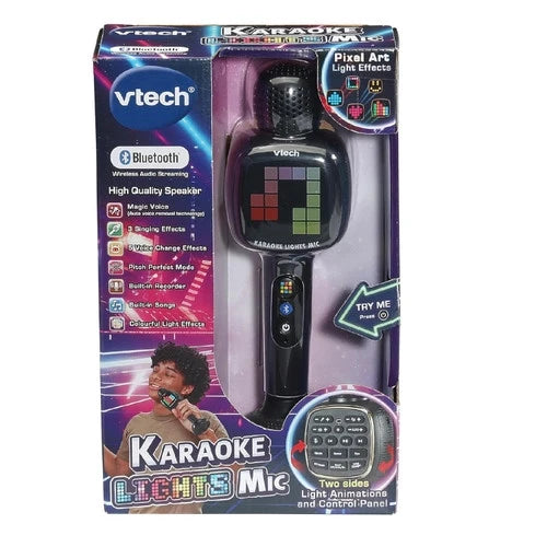 Black karaoke lights microphone with color display screen and button controls