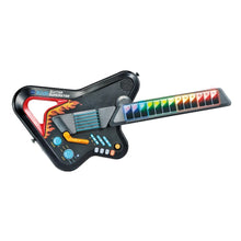 Black kids toy guitar with rainbow keys, flame graphic, and music buttons