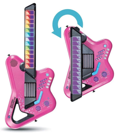 Pink kids electronic guitar toy with rainbow light bar and front speaker grille, star body