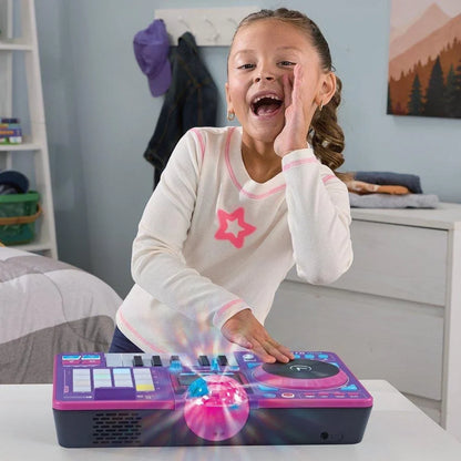 Purple kids DJ music mixer on table with light-up dome and control keys