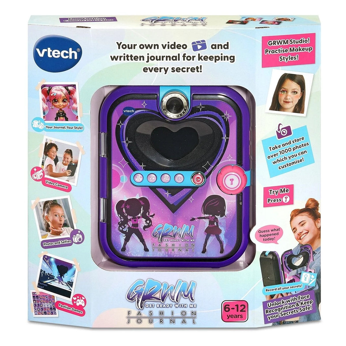 Purple and black GRWM fashion journal toy with screen and heart window