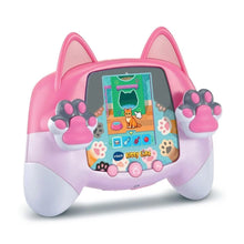 Pink cat-shaped electronic pet console with paw grips and LCD activity screen