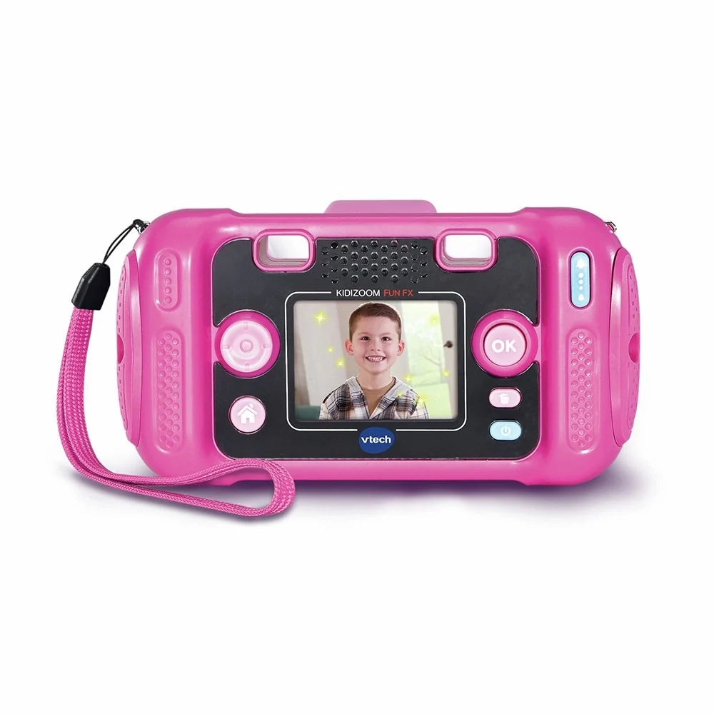 Pink kids digital camera with built-in display, lens, and side hand grips