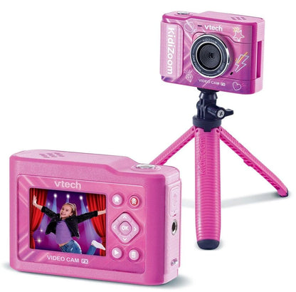 Pink VTech Kidizoom cam with lens and built-in screen, on extendable mini tripod
