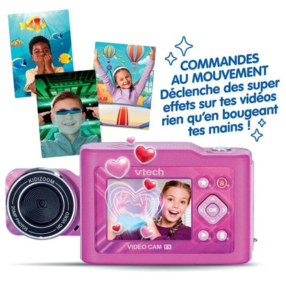VTech Kidizoom video camera in pink with front screen, heart icons, and lens