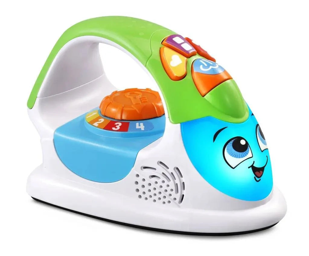 Play ironing toy with green and blue cat face, orange buttons, white base