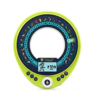Spinning lights letter ring toy with blue letter display and green rim, plus control buttons