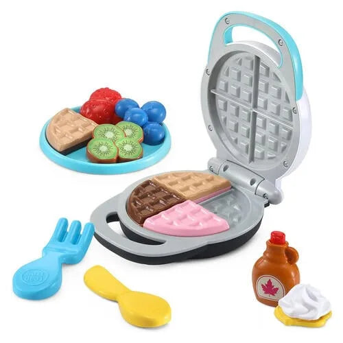 Plastic waffle maker set with colorful waffle pieces and play utensils, open design