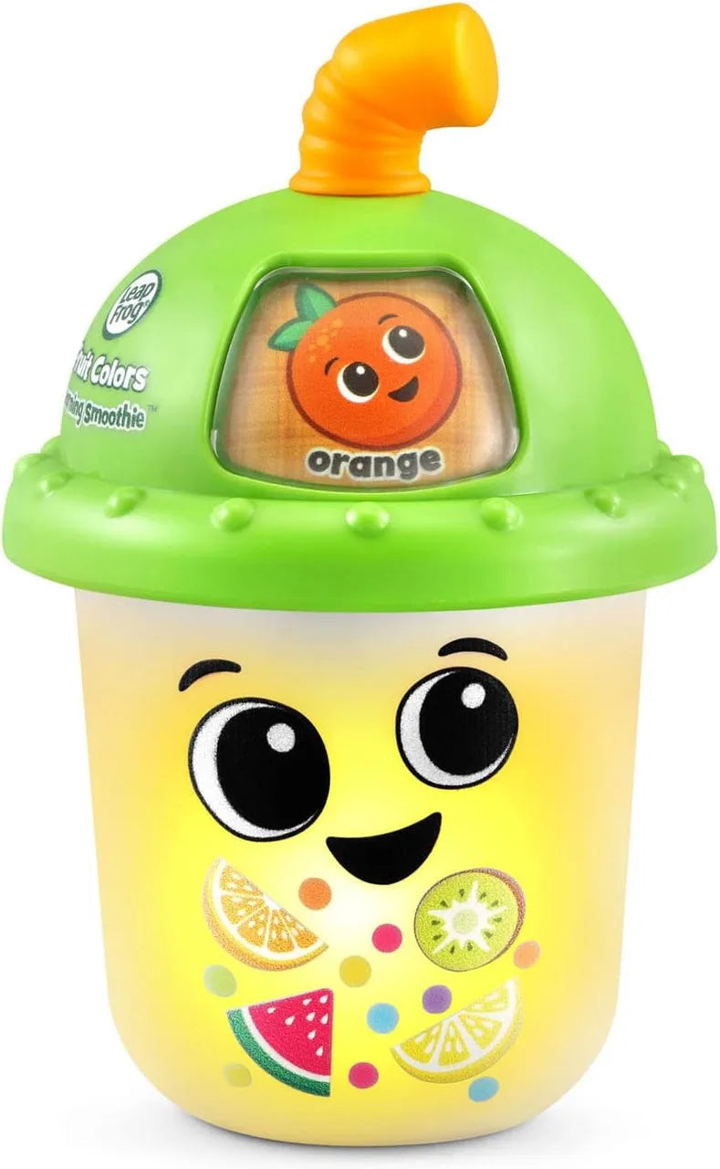 Green and yellow fruit smoothie toy cup with orange character window on lid