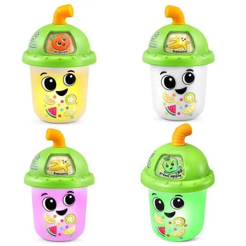 Four fruit smoothie toy cups with smiling faces and hinged green lids