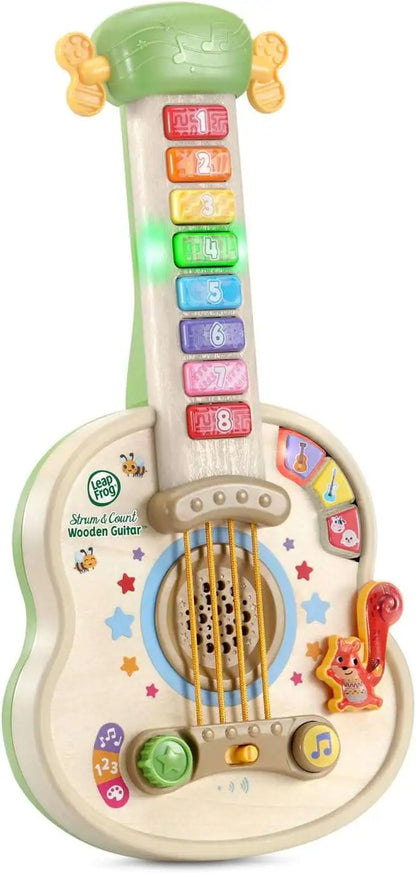 Green wooden guitar toy with numbered keys, strings, and animal buttons