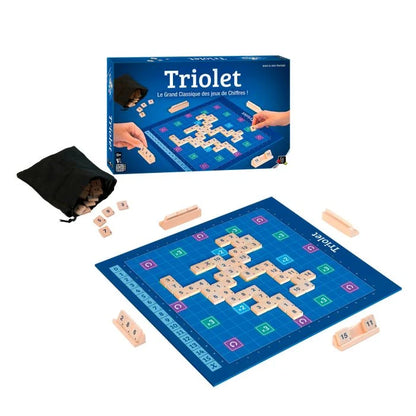 Number puzzle strategy board game with blue grid board, tiles, and drawstring pouch