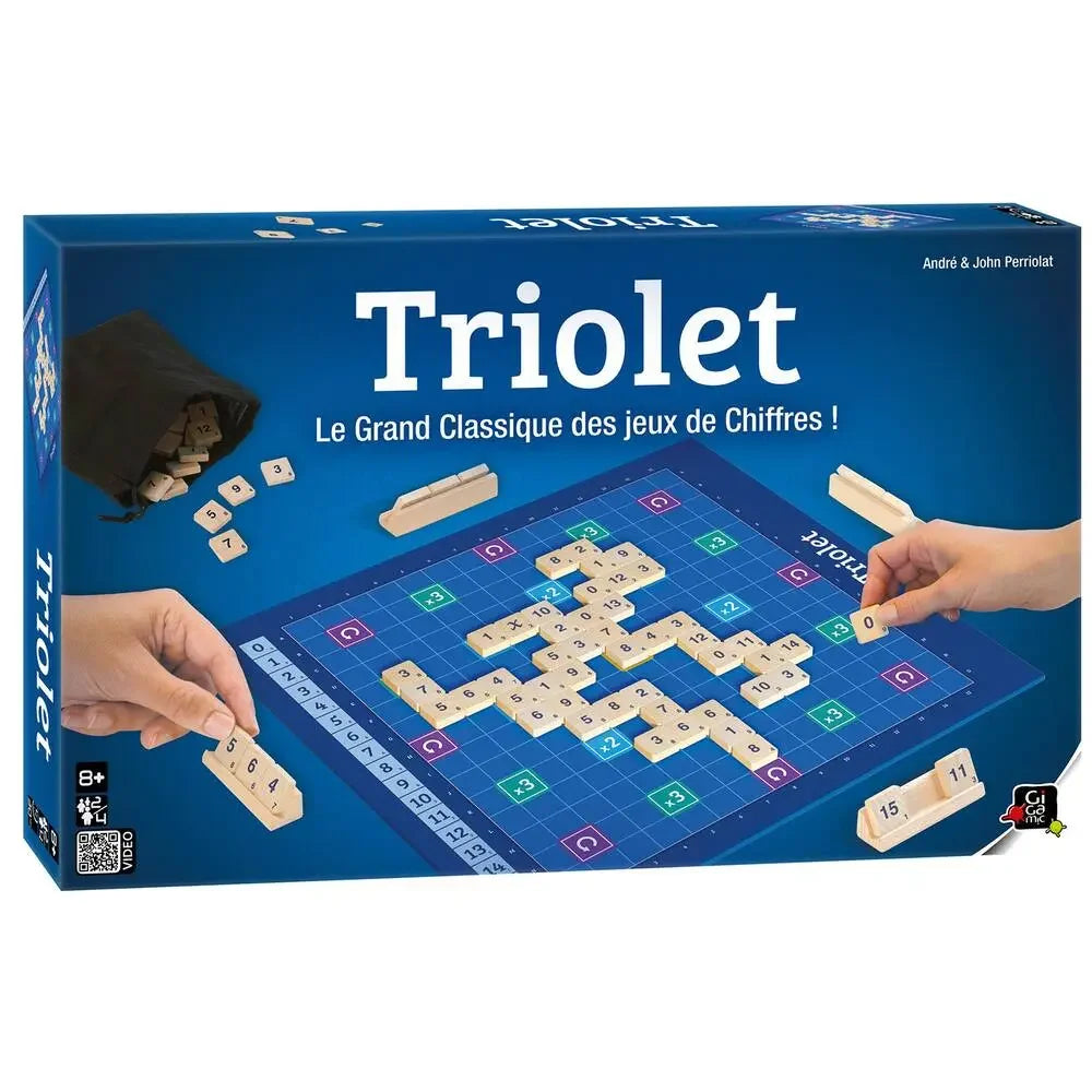Number puzzle board game box with hands placing wooden tiles on blue grid board